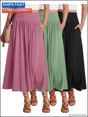 3 Pack Women's Maxi Long Skirts Pleated A-Line Ankle Length with Pockets